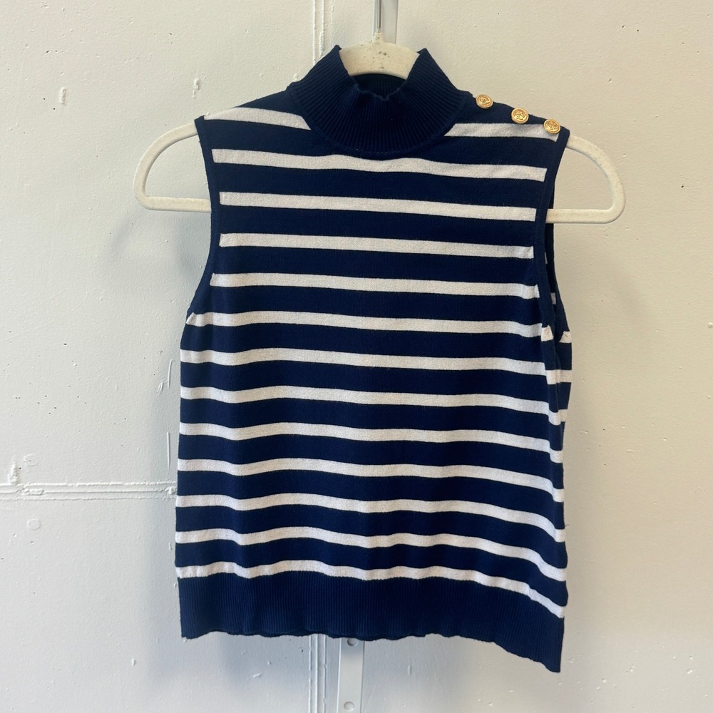 Rafiana Navy White Striped Sleeveless Mock Neck Knit Top Gold‎ Button Detail M